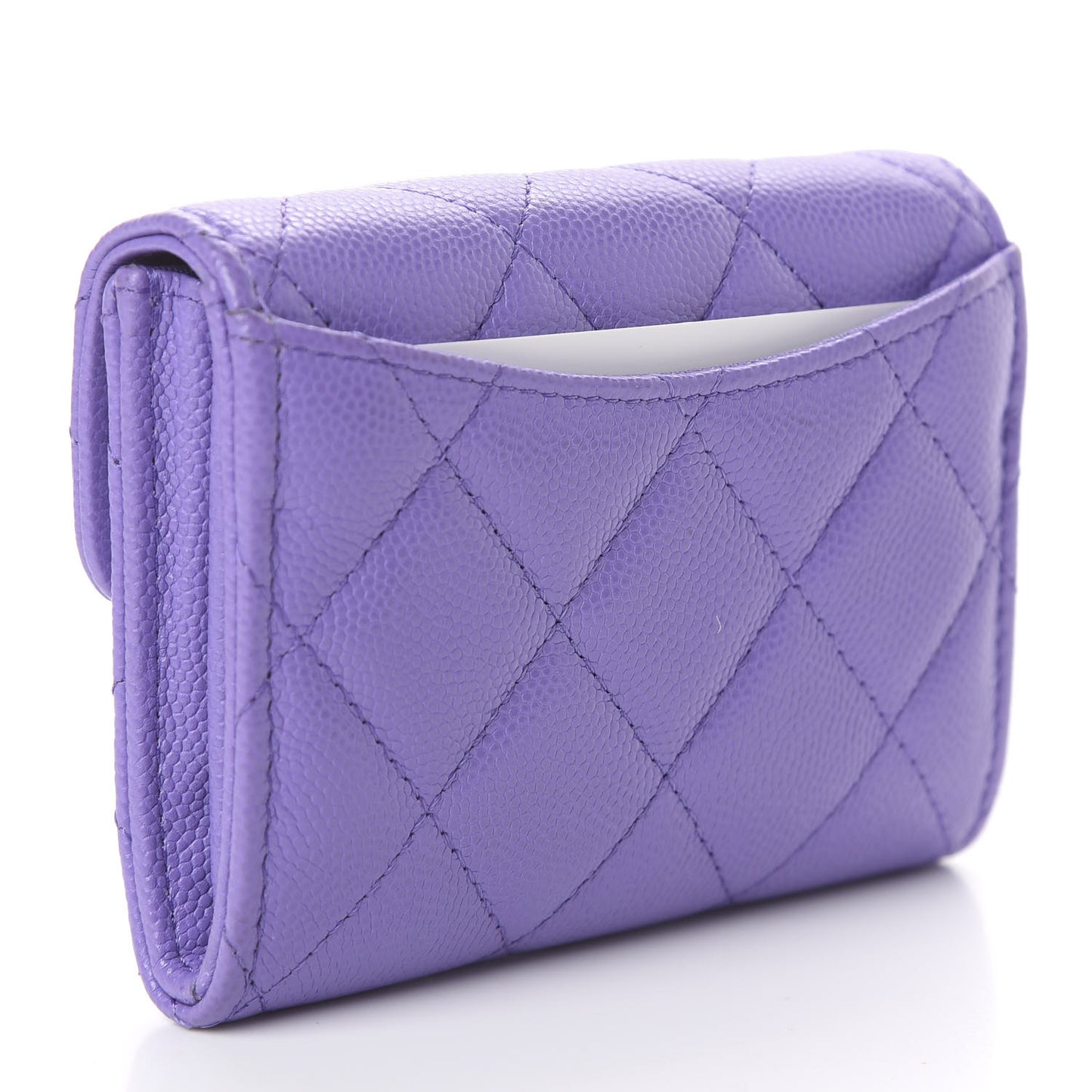 Caviar Quilted Flap Card Holder Wallet Purple