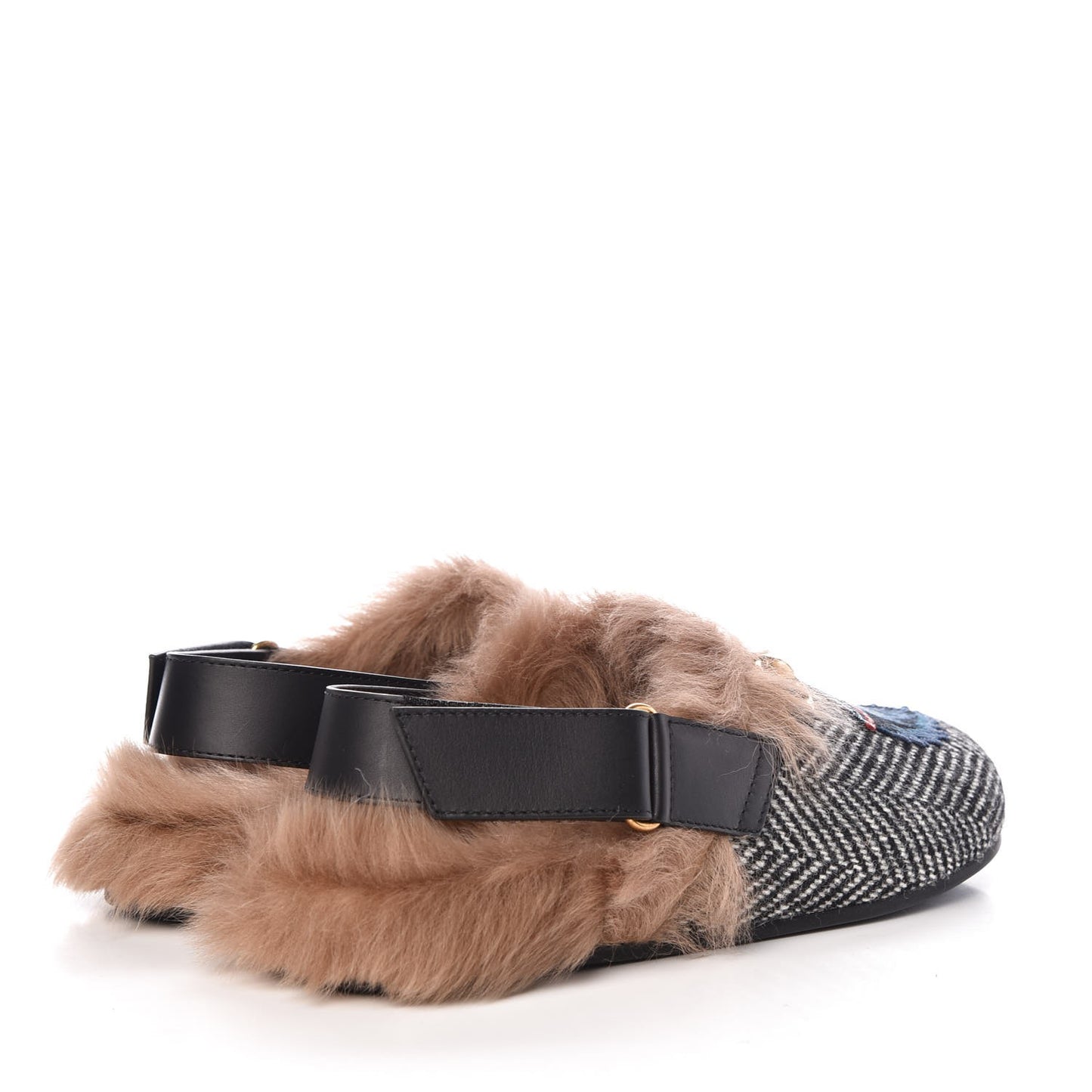 Herringbone Fur Wolf Mens Horsebit River Slingback Slippers 7 Black White