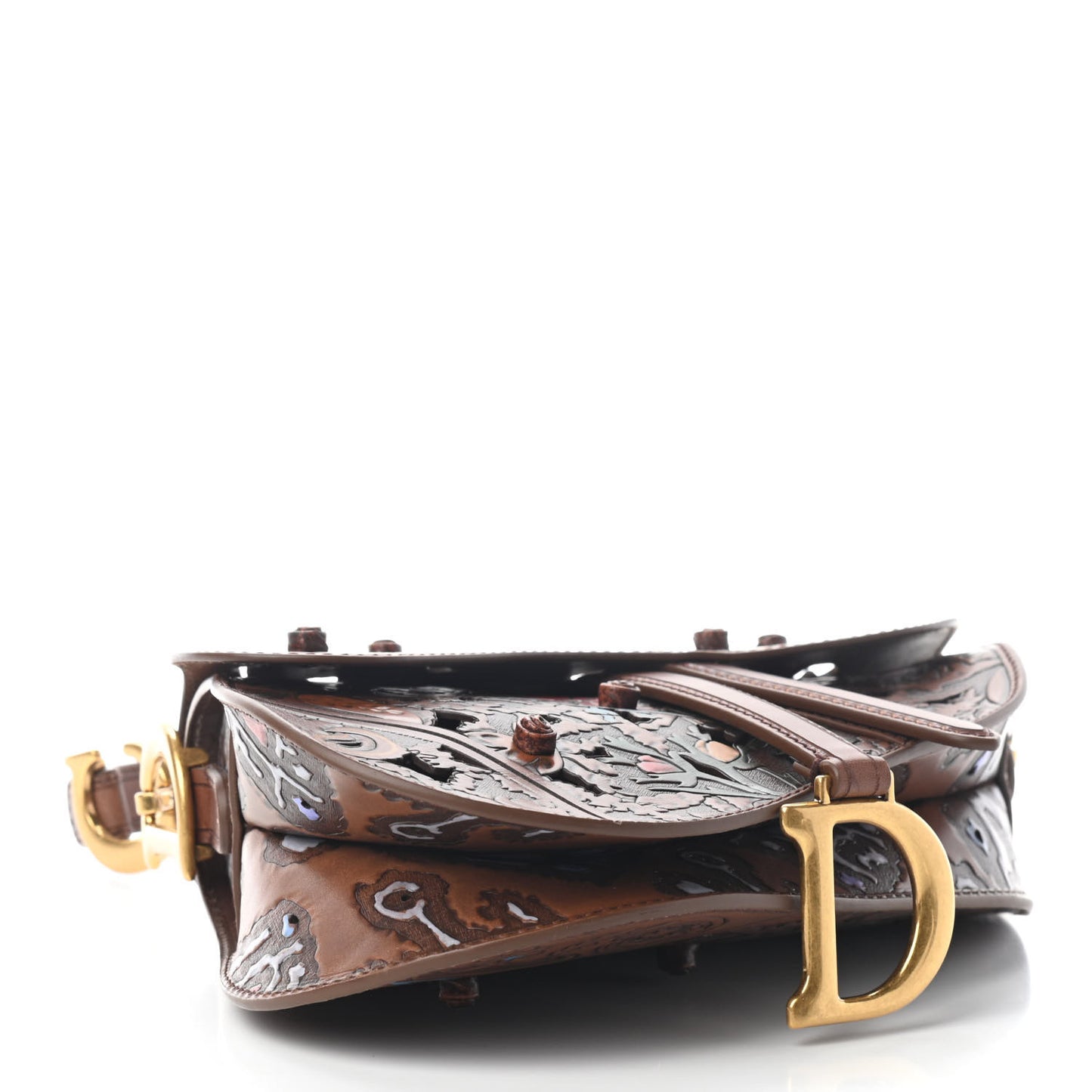 Calfskin Laser Cut Saddle Bag Brown Multicolor