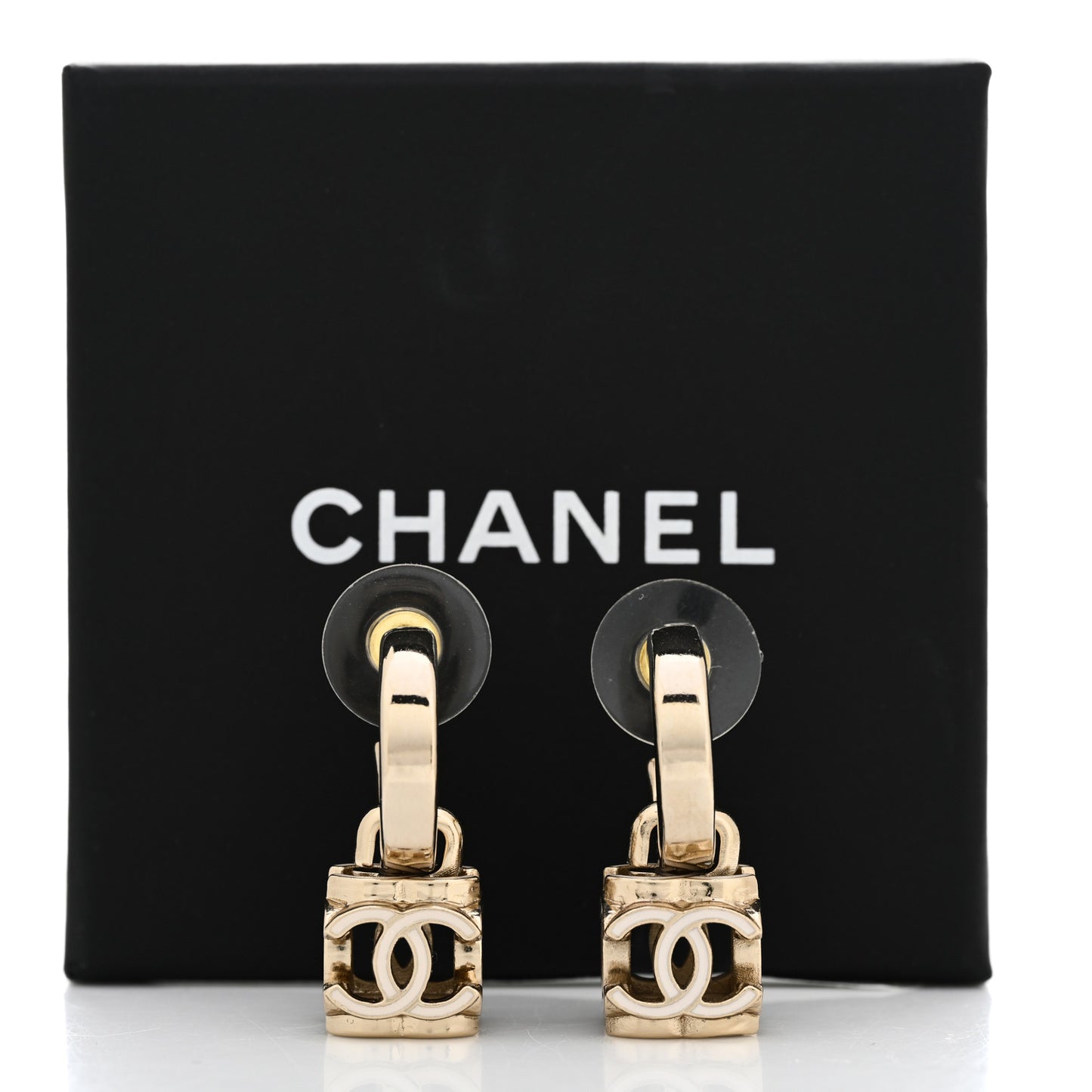 Enamel CC Cube Drop Earrings Gold White