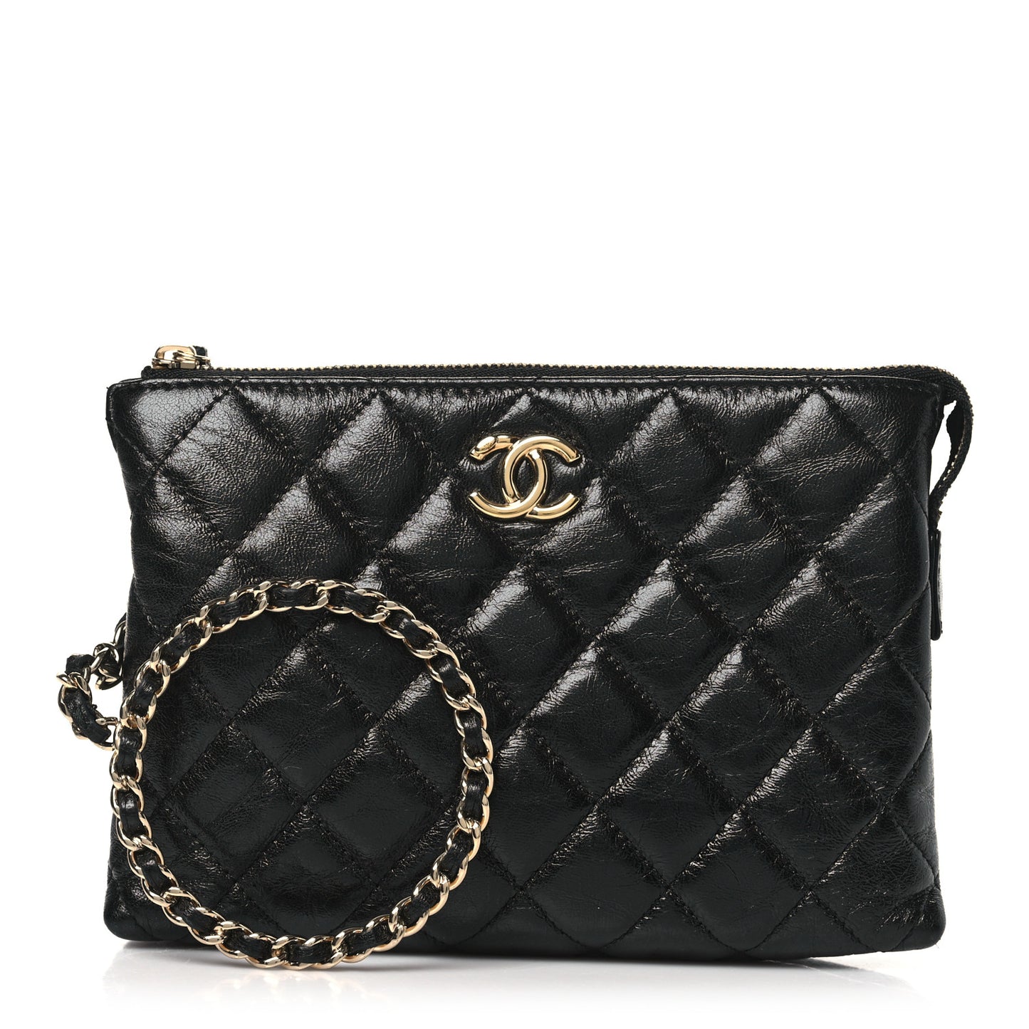 Shiny Crumpled Calfskin Quilted Clutch Bag Black