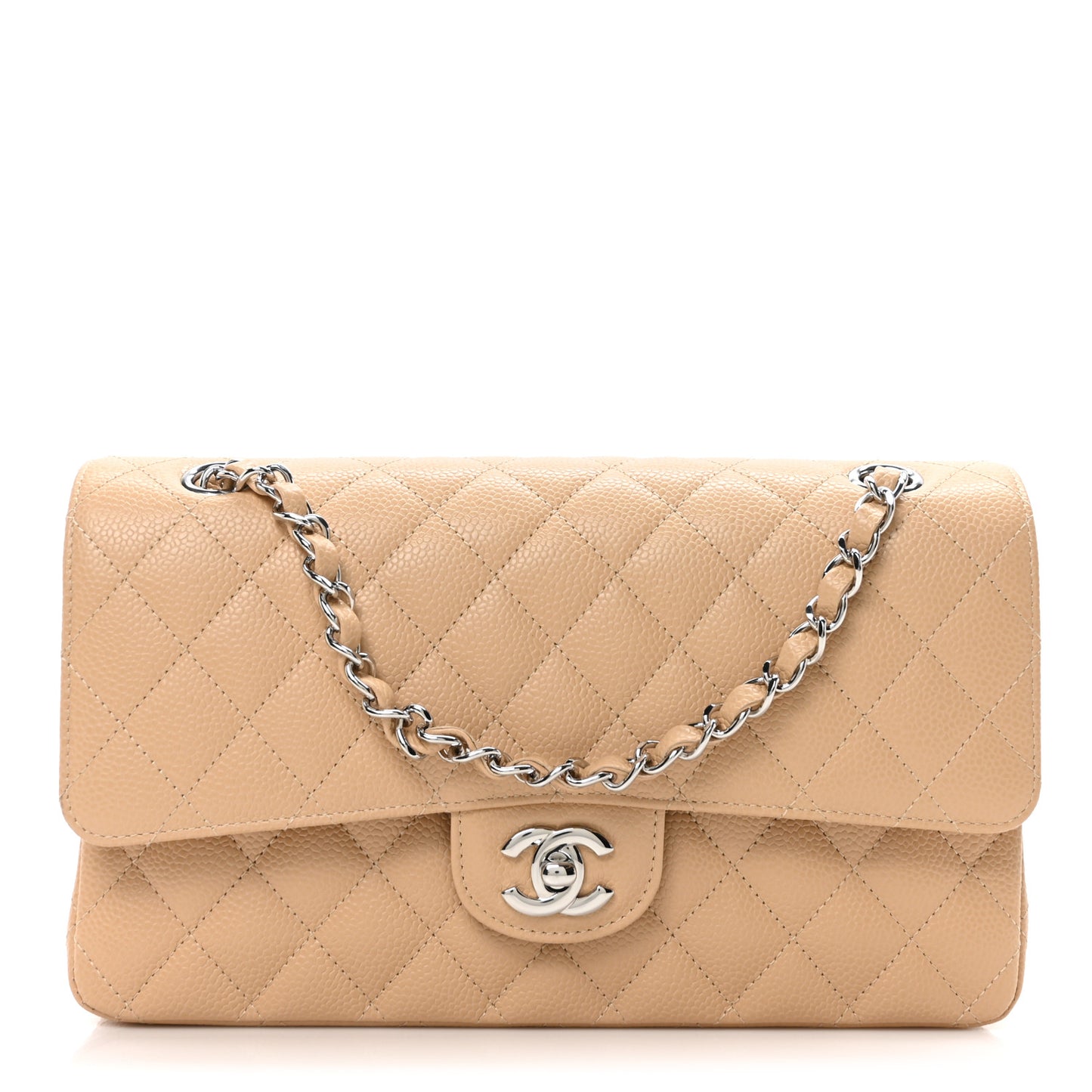 Caviar Quilted Medium Double Flap Beige