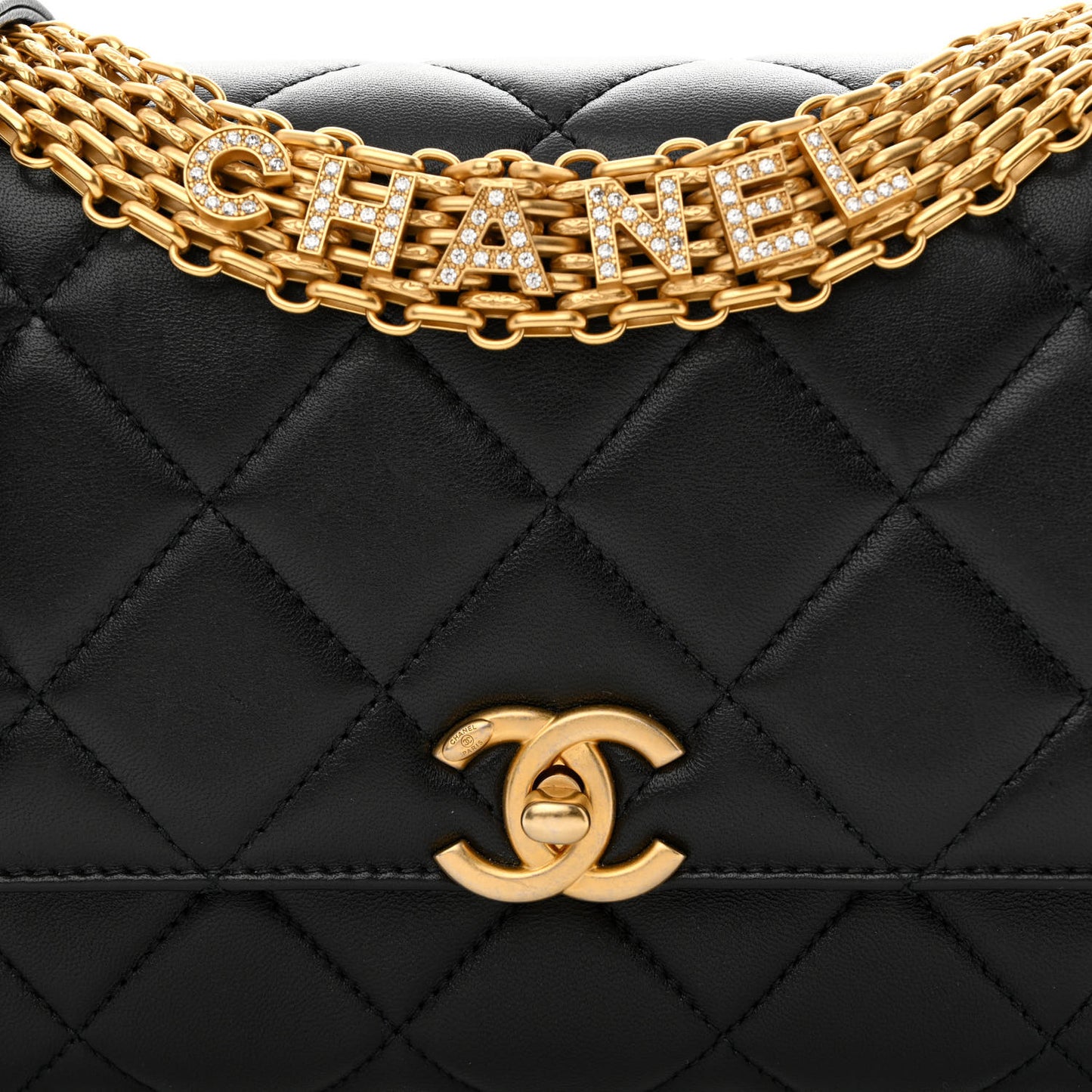Lambskin Quilted CC Crystal Logo Chain Flap Black