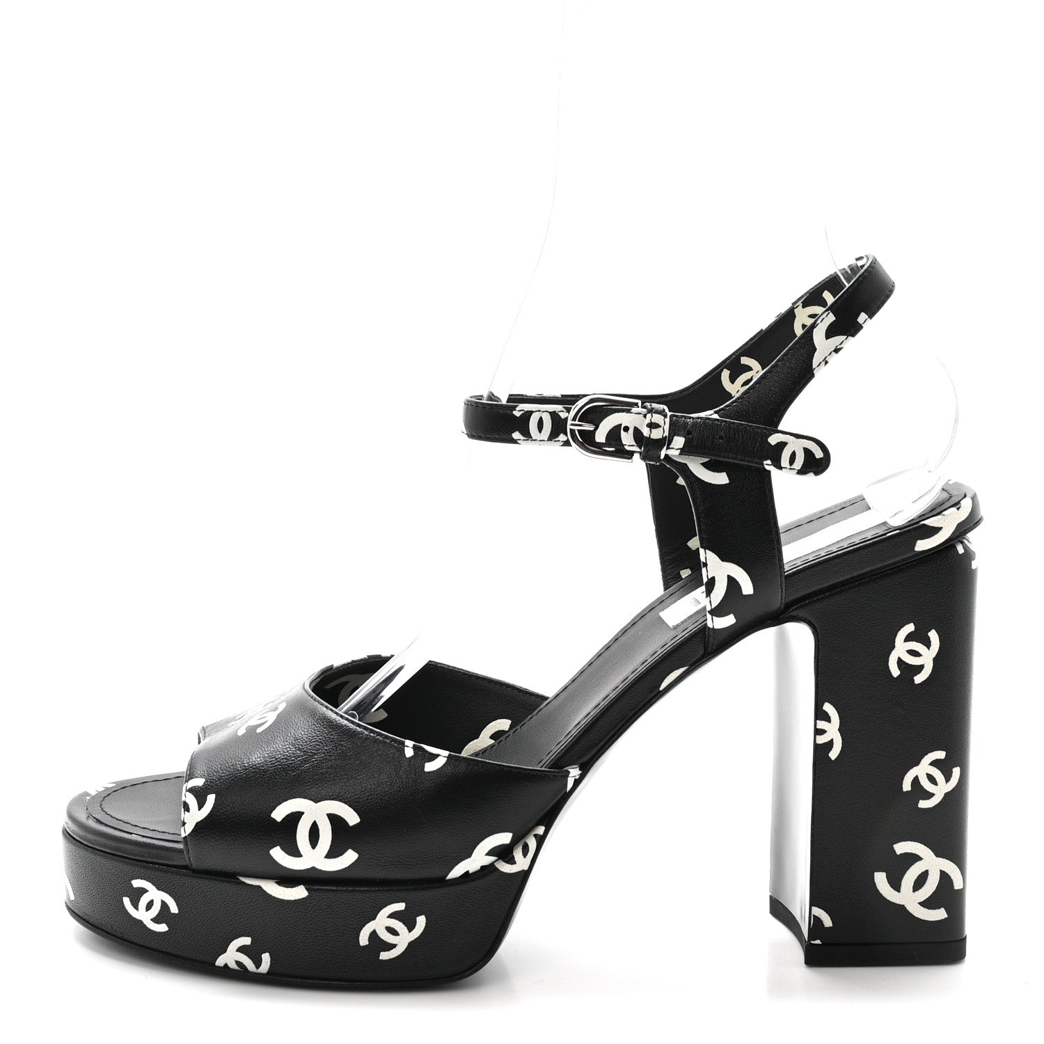 Chanel Printed Lambskin CC Platform Sandals 41 Black White 1 of 10