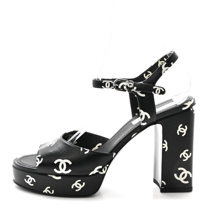 Chanel Printed Lambskin CC Platform Sandals 41 Black White 1 of 10