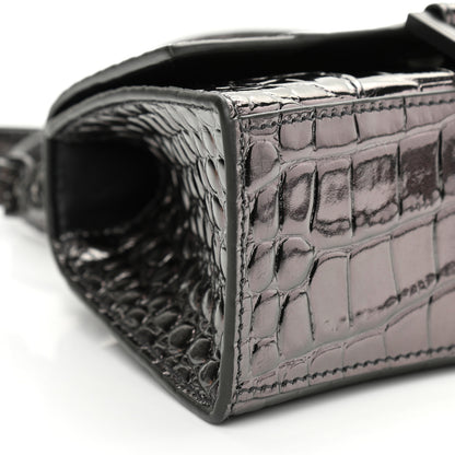 Balenciaga Shiny Calfskin Crocodile Embossed Hourglass Top Handle Bag XS Gunmetal 9 of 11