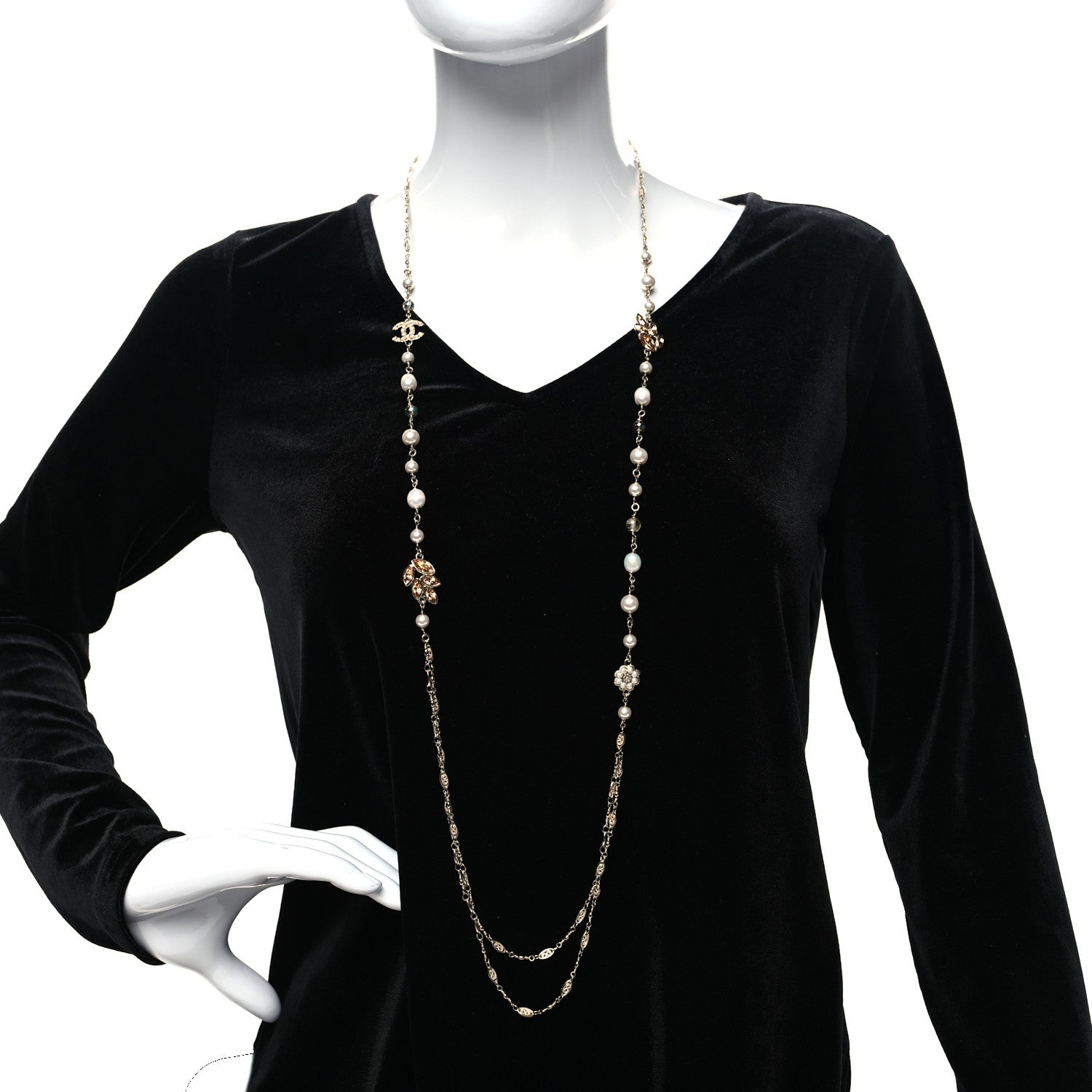 Chanel Pearl Bead Crystal CC Necklace Gold White 2 of 5