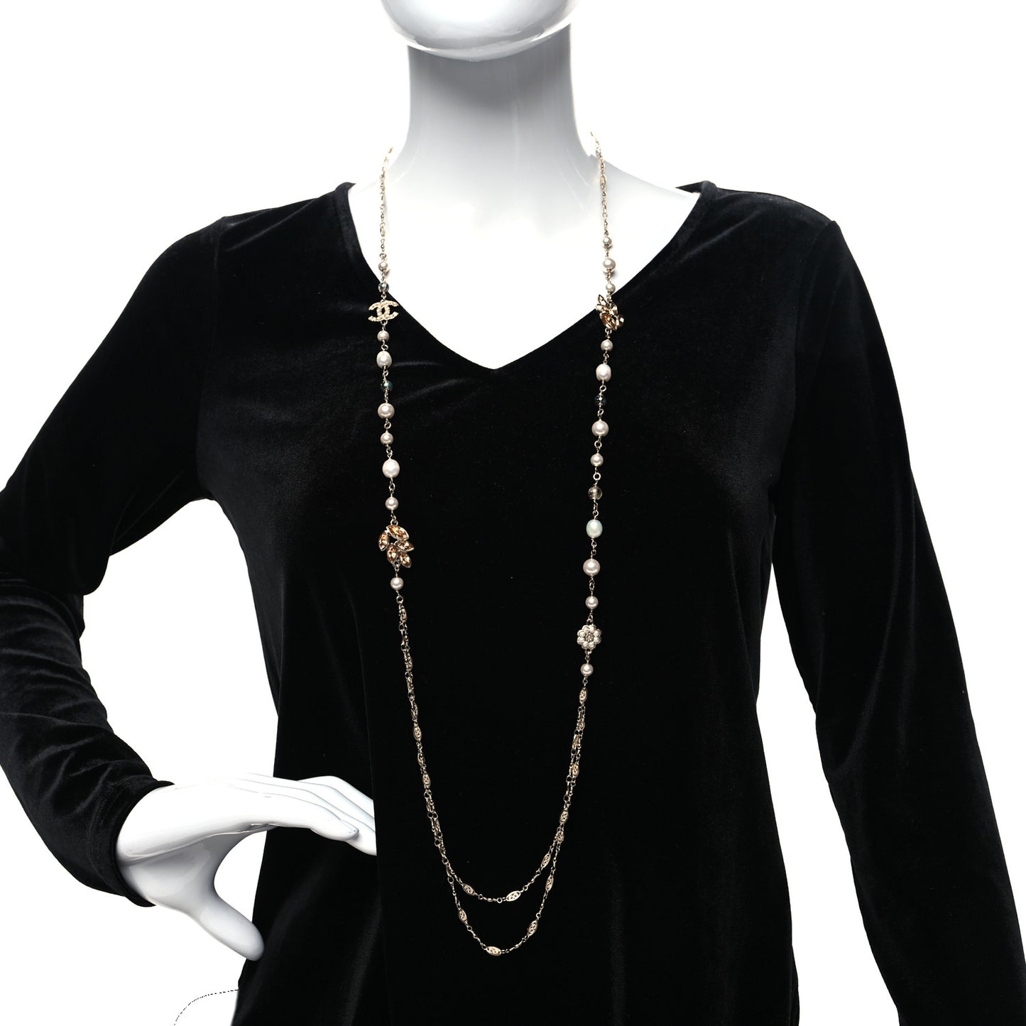 Pearl Bead Crystal CC Necklace Gold White