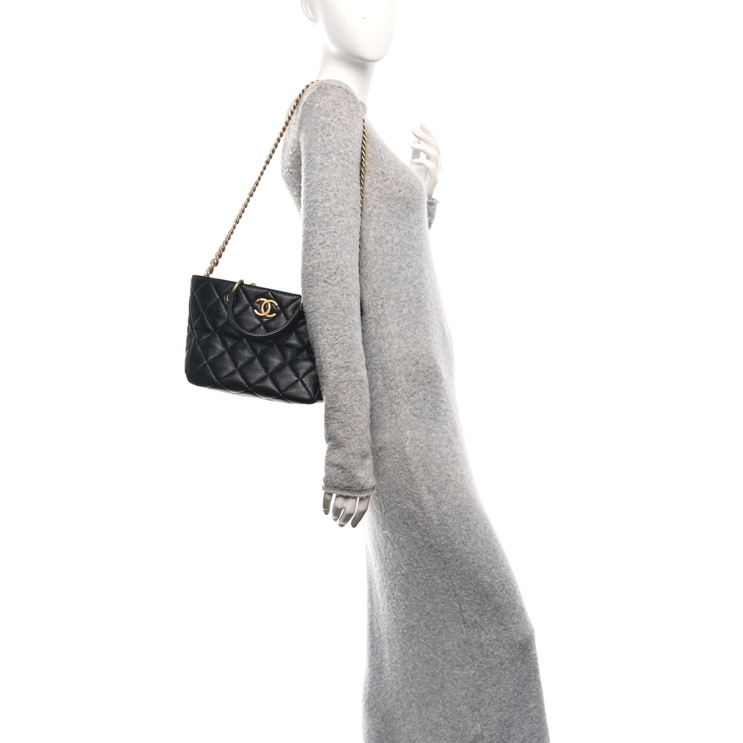 Lambskin Quilted Small Top Handle Shopping Bag Black