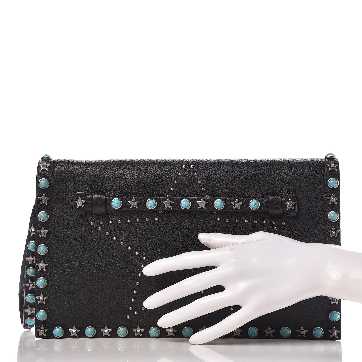 Valentino Garavani Pebbled Calfskin Star Rockstud Rolling Wristlet Clutch Black 2 of 11
