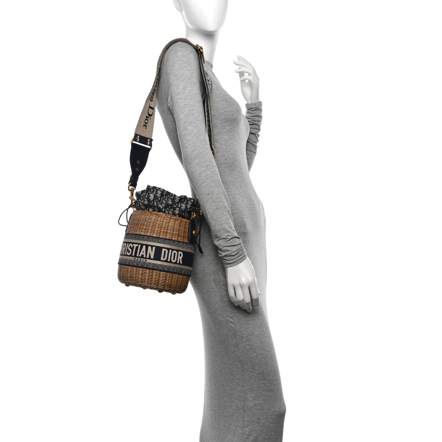 Wicker Oblique Drawstring Bucket Bag Blue