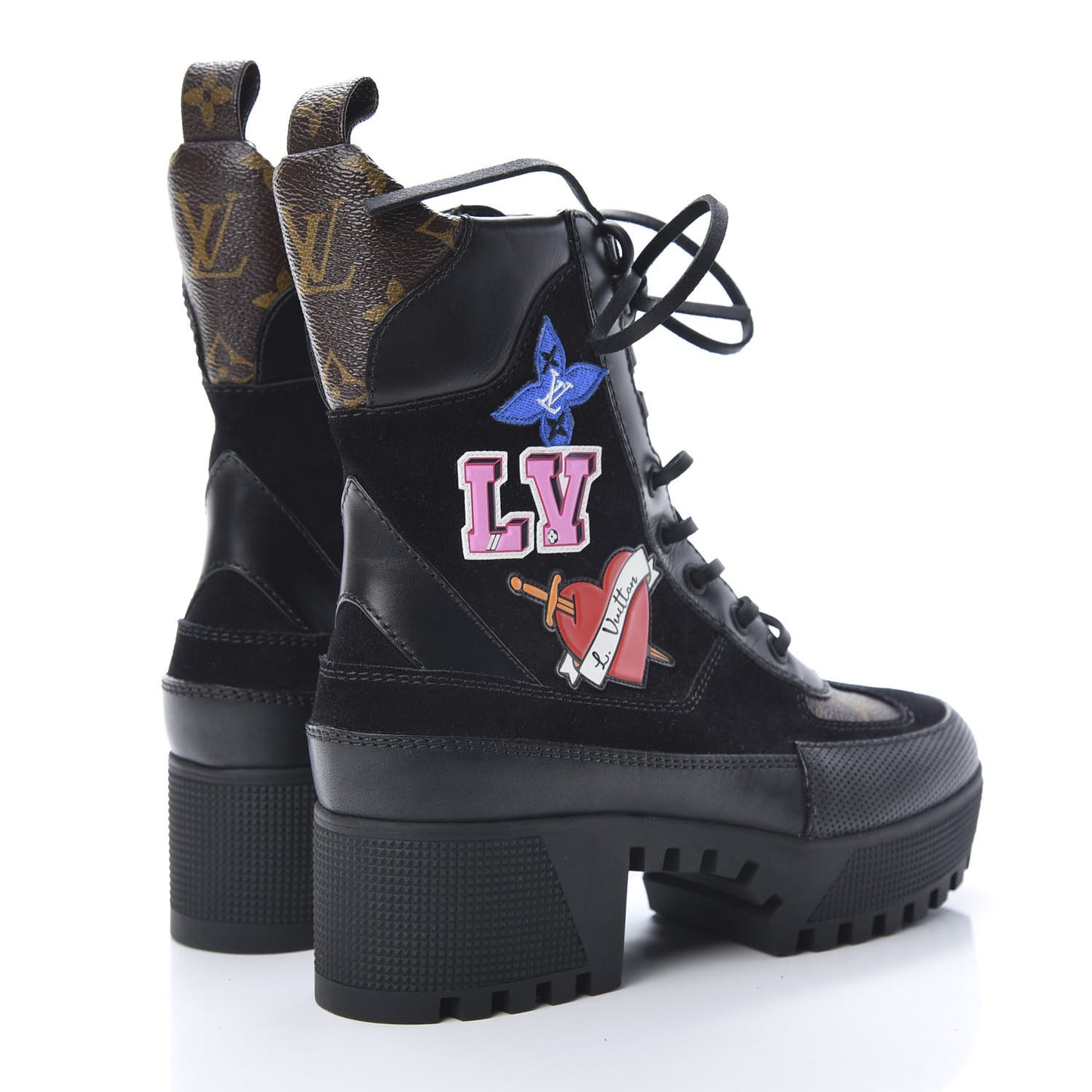 Suede Calfskin Monogram LV Black Heart Laureate Platform Desert Boots 35.5 Black