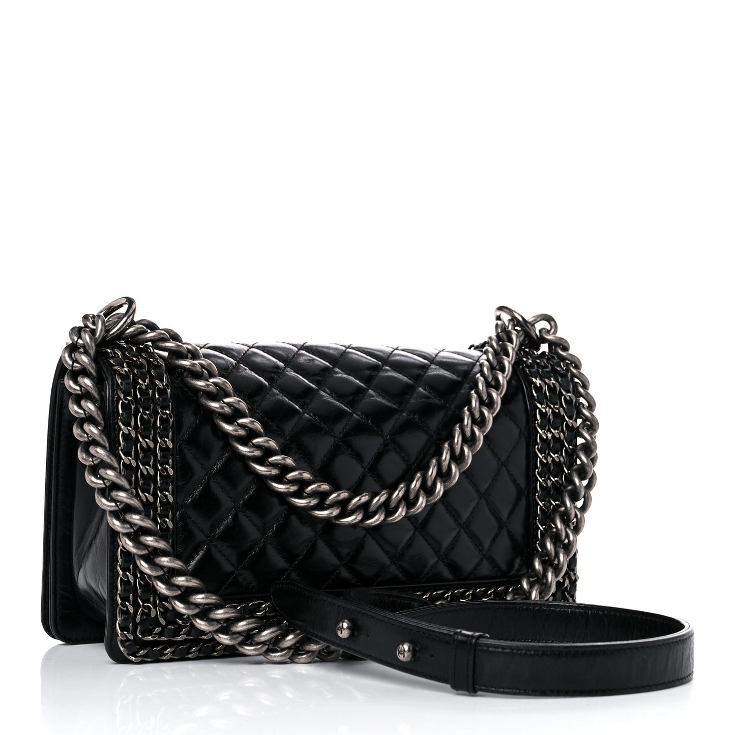 Glazed Calfskin Quilted Medium Boy Chained Flap Black