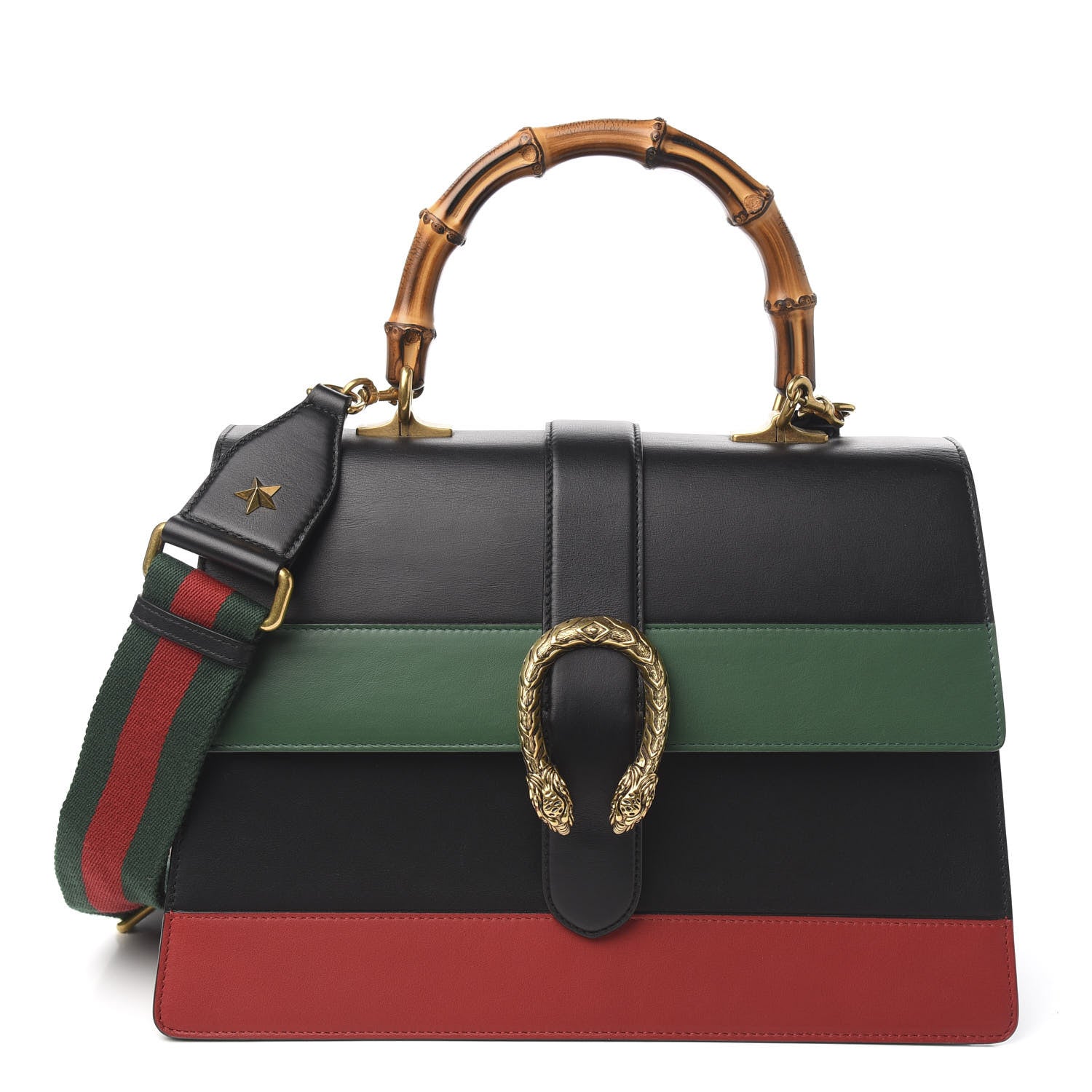 Gucci Calfskin Bamboo Web Large Dionysus Top Handle Bag Black Bright Evergreen Hibiscus Red 1 of 10