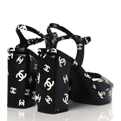 Chanel Printed Lambskin CC Platform Sandals 41 Black White 6 of 16