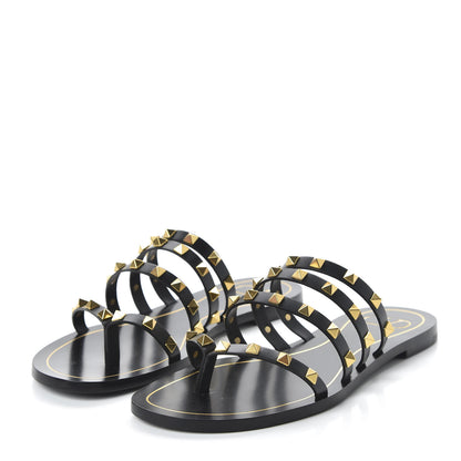 Valentino Garavani Calfskin Rockstud Flair Caged Flat Slide Sandals 39 Black 3 of 9