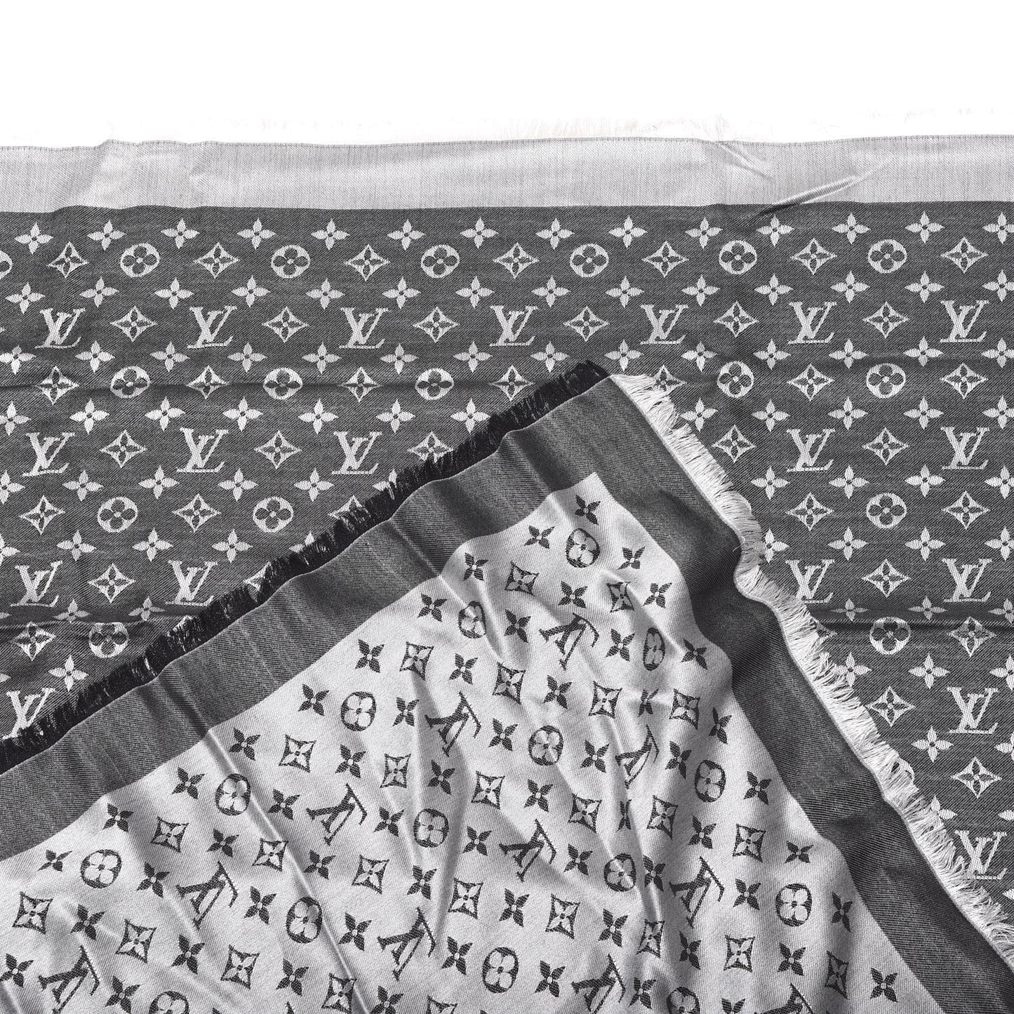 Wool Silk Monogram Denim Shawl Black