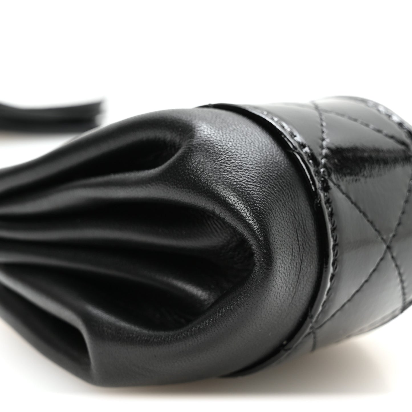 Crumpled Patent Lambskin Quilted Tassel Clutch With Chain Black