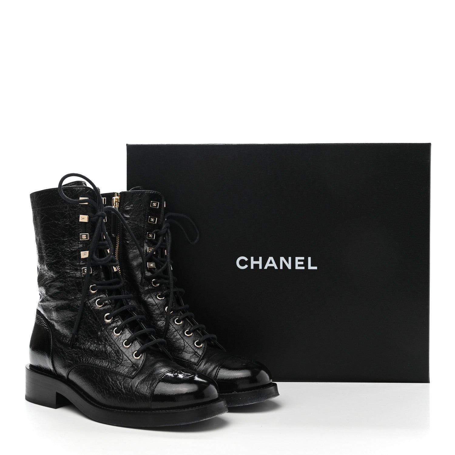 Chanel Aged Calfskin Lace Up Combat Boots 37.5 Black 9 of 9