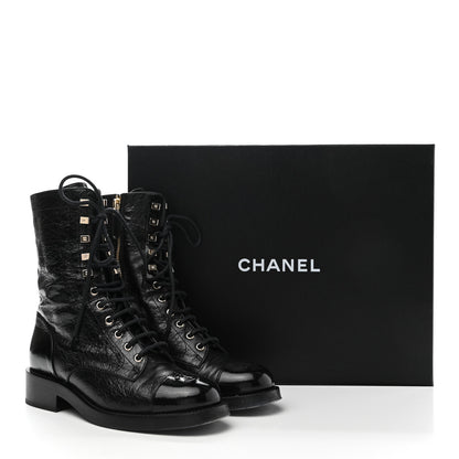 Chanel Aged Calfskin Lace Up Combat Boots 37.5 Black 9 of 9