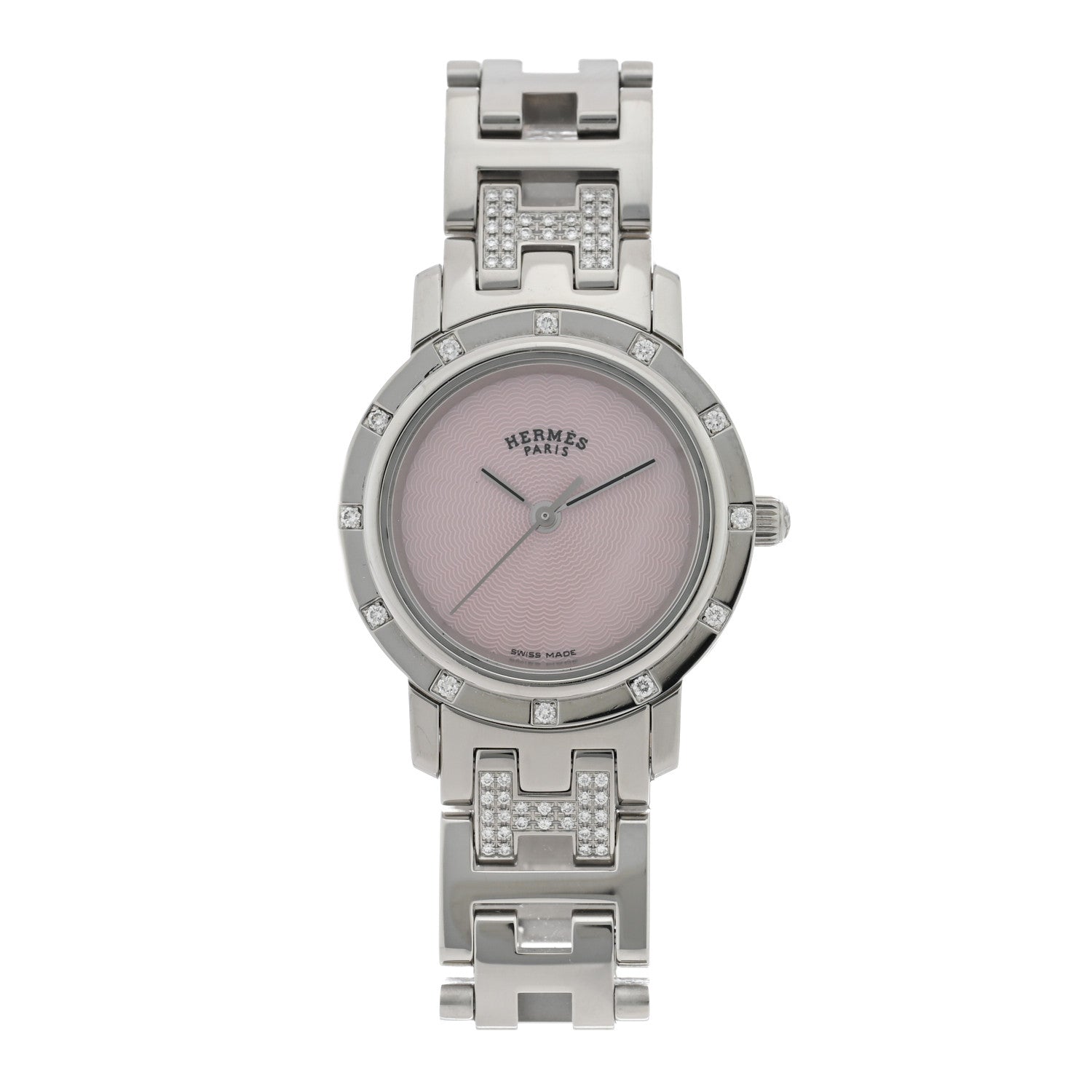 Hermes Stainless Steel Diamond Pink Mother of Pearl 24mm Clipper Nacre Quartz Watch 1 of 4