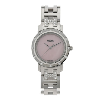 Hermes Stainless Steel Diamond Pink Mother of Pearl 24mm Clipper Nacre Quartz Watch 1 of 4