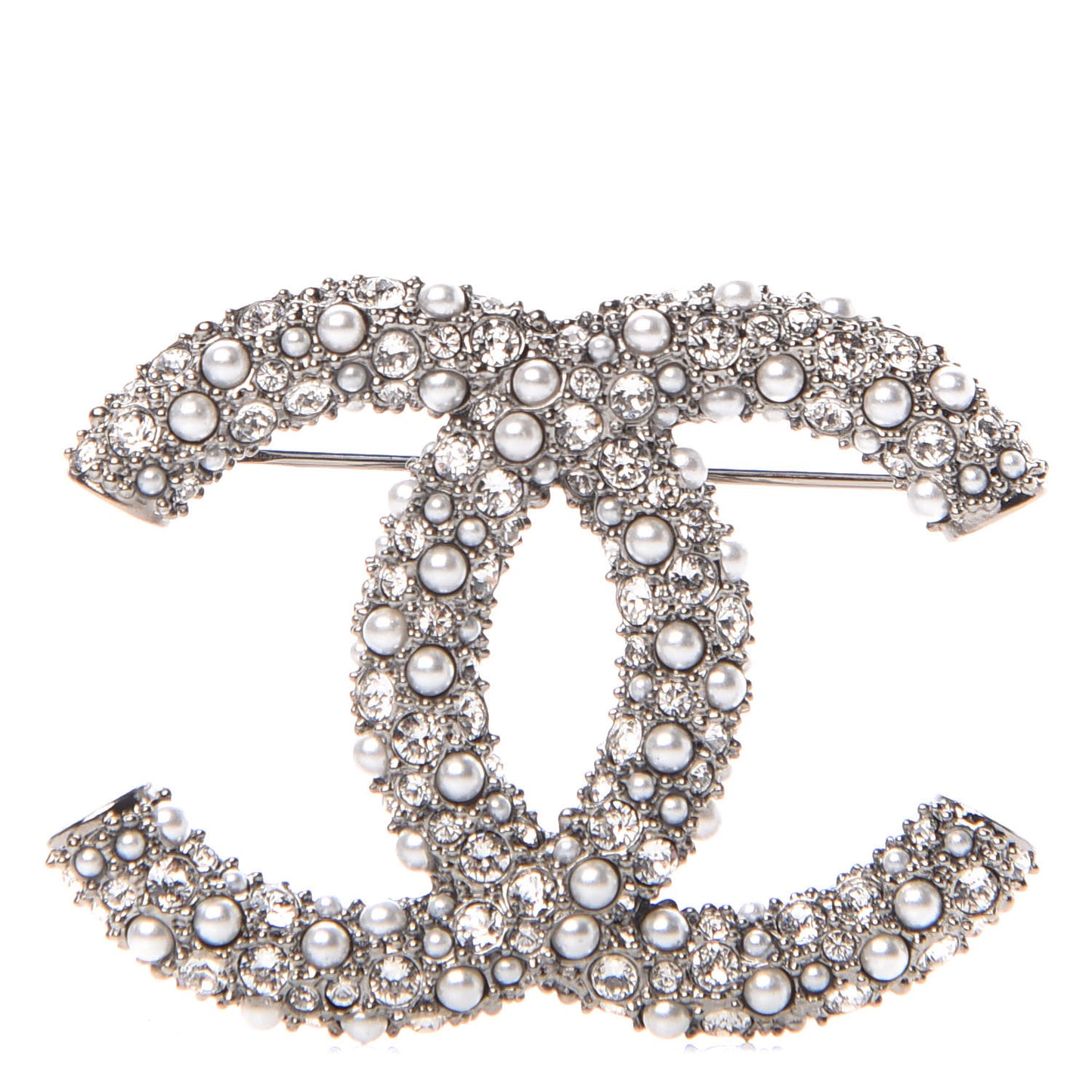 Crystal Pearl Caviar CC Brooch Silver