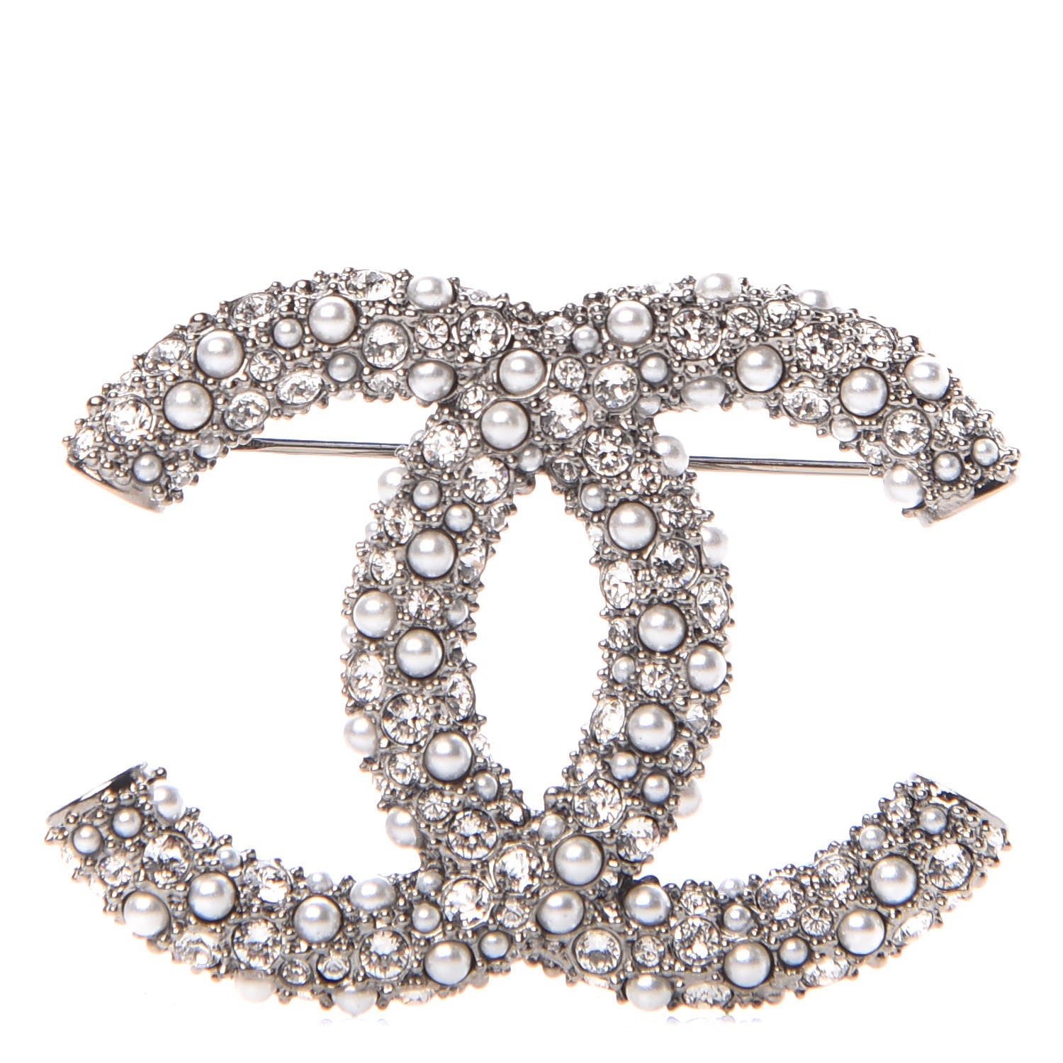 Chanel Crystal Pearl Caviar CC Brooch Silver 1 of 4