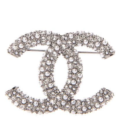 Chanel Crystal Pearl Caviar CC Brooch Silver 1 of 4