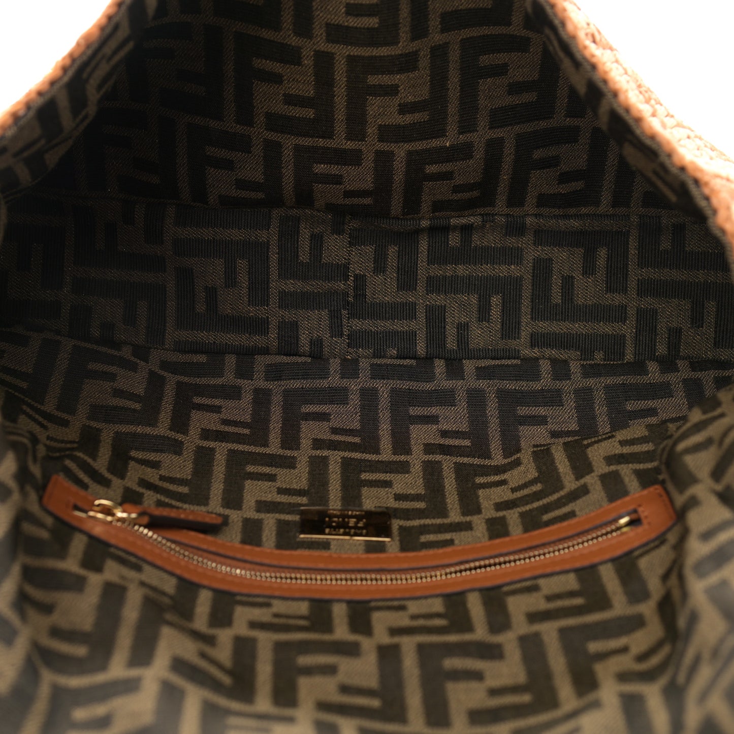 Raffia Vitello Seta FF Woven Large Baguette Brick Natural