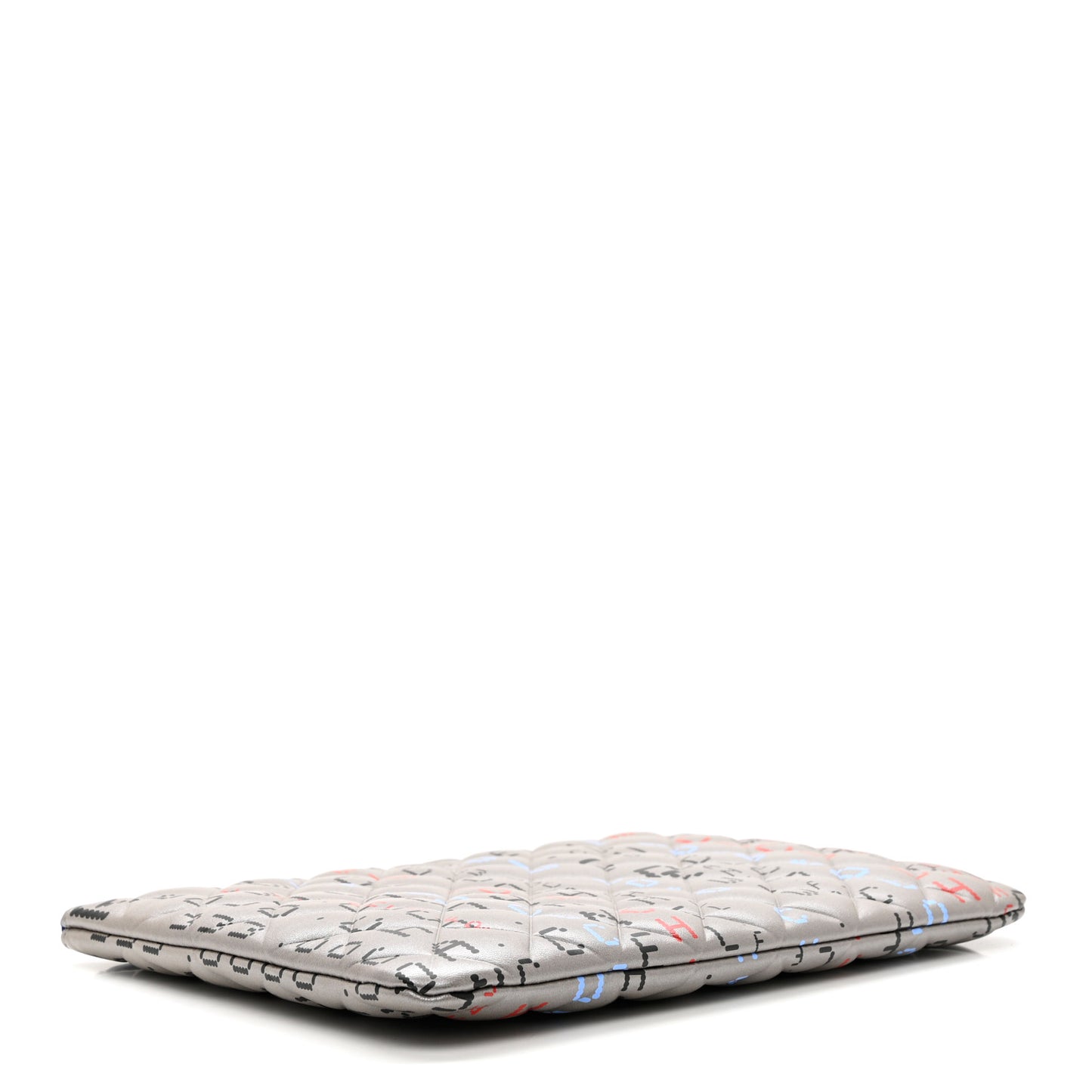 Metallic Lambskin Quilted Large Data Center Cosmetic Case Silver