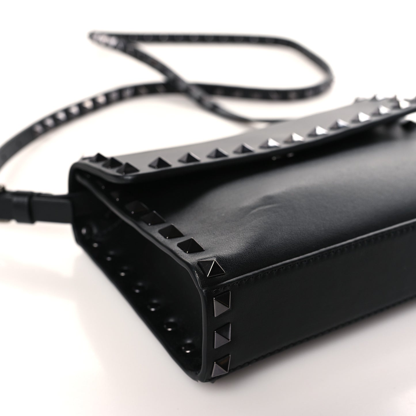 Vitello Monochrome Mini Rockstud Flap Wallet on Strap Black