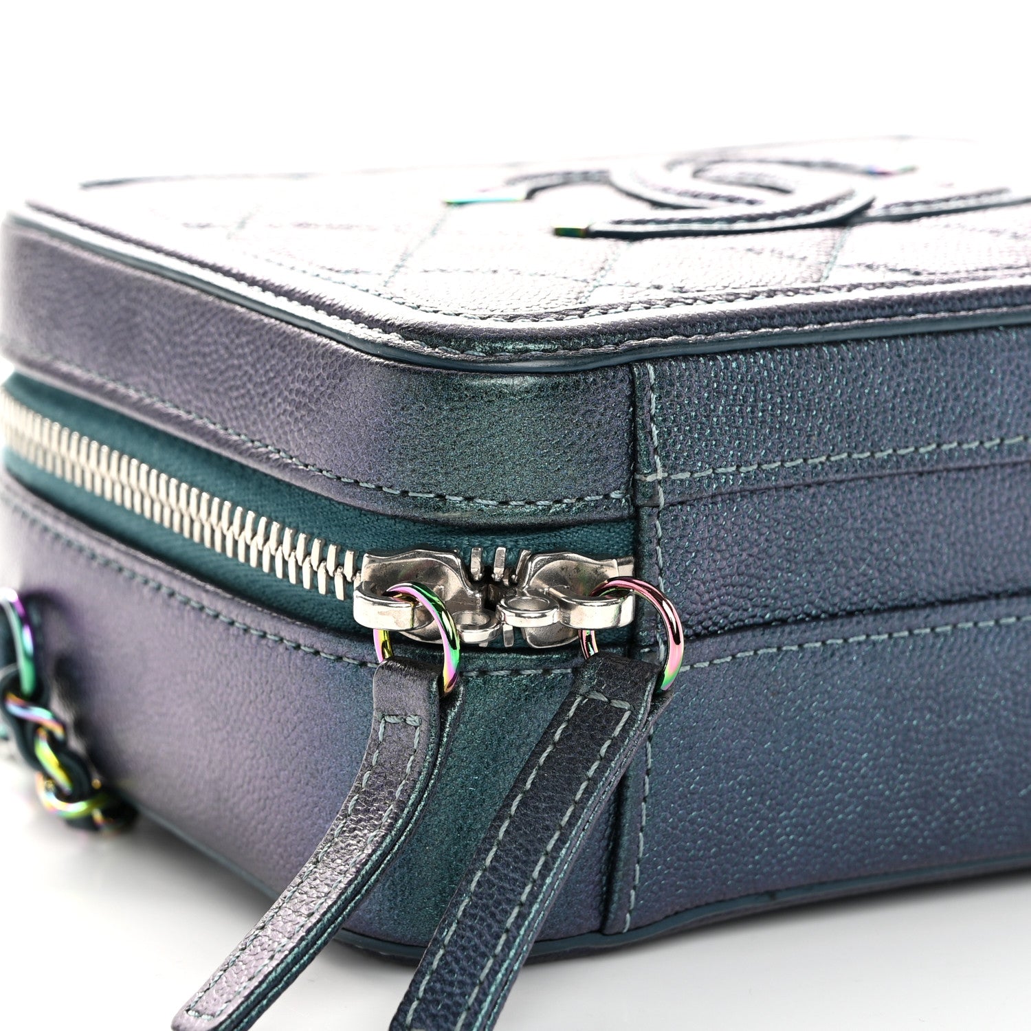 Chanel Iridescent Caviar Quilted Small CC Filigree Vanity Case Dark Turquoise 9 of 10