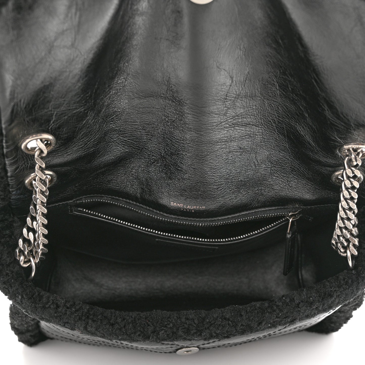 Crinkled Calfskin Shearling Monogram Medium Niki Chain Satchel Black