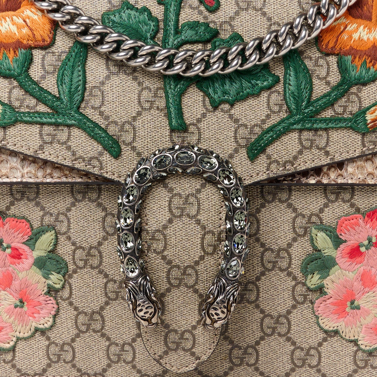 Gucci GG Supreme Monogram Snakeskin Flower Embroidered Medium Dionysus Shoulder Bag Beige Orange 9 of 11