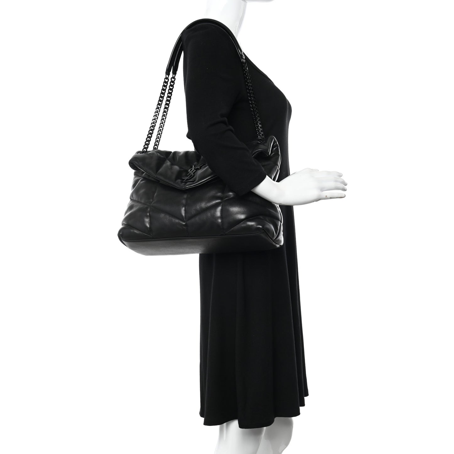 Lambskin Quilted Monogram Monochrome Medium Loulou Puffer Chain Satchel Black