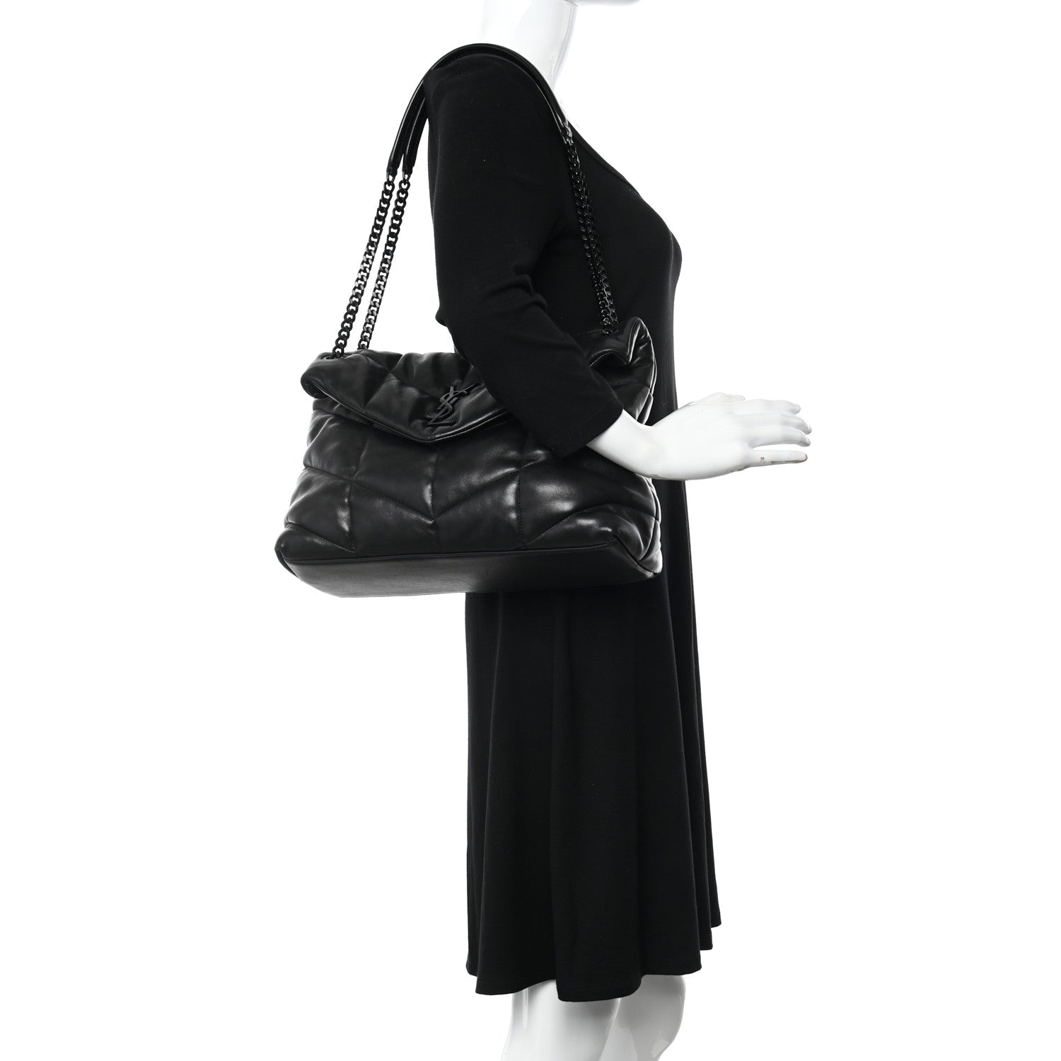 Saint Laurent Lambskin Quilted Monogram Monochrome Medium Loulou Puffer Chain Satchel Black 2 of 14