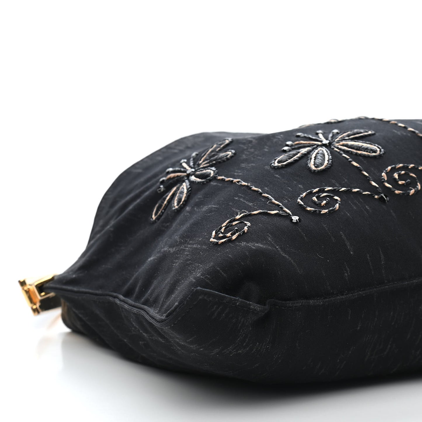 Neoprene Raffia Flower Embroidered Shoulder Bag Black