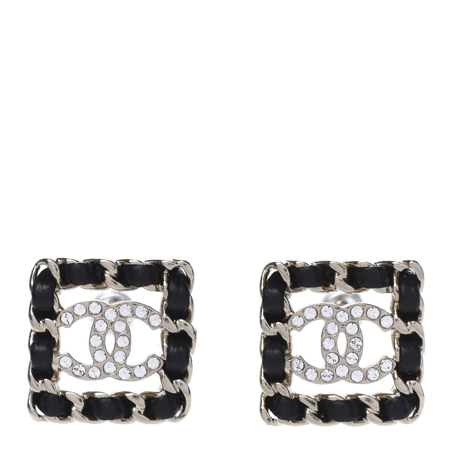 Chanel Crystal Lambskin Chain Sergeant Stud Earrings Black Gold 1 of 5