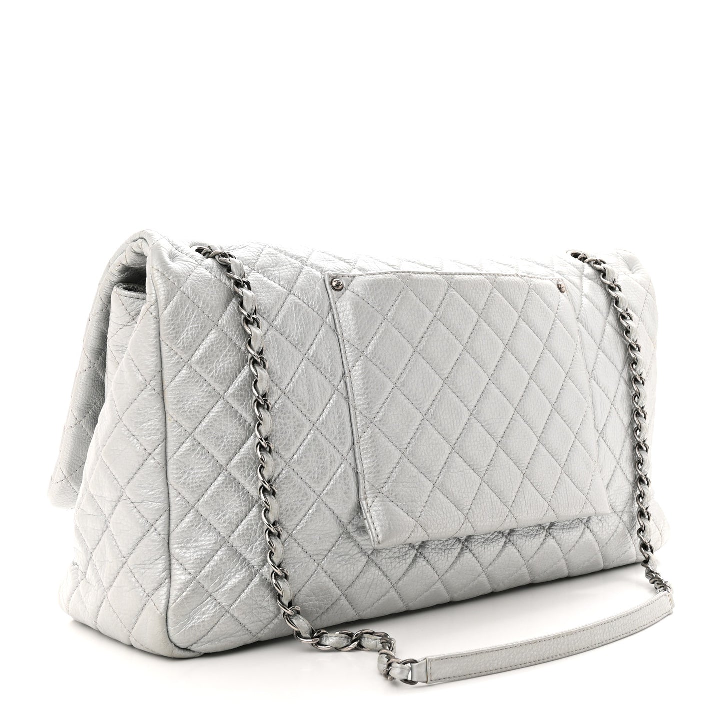 Metallic Calfskin Quilted XXL Travel Flap Bag Silver