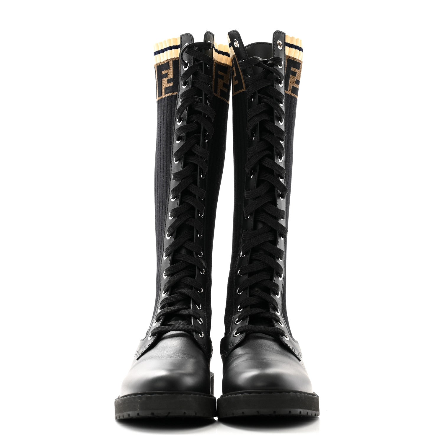 Fendi Calfskin Stretch Fabric FF Rockoko Tall Biker Boots 36 Tobacco Black Marino 2 of 7