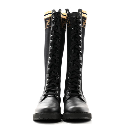 Fendi Calfskin Stretch Fabric FF Rockoko Tall Biker Boots 36 Tobacco Black Marino 2 of 7