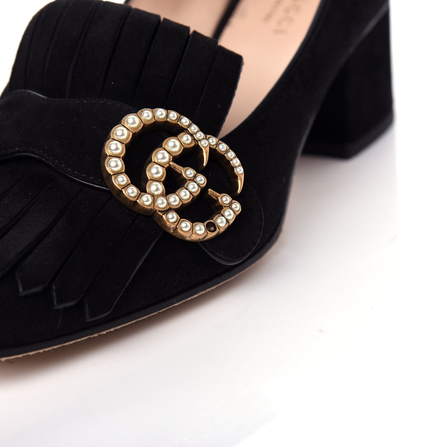 Kid Scamosciato Pearly GG Marmont Fringe 50mm Loafer Pumps 36 Black