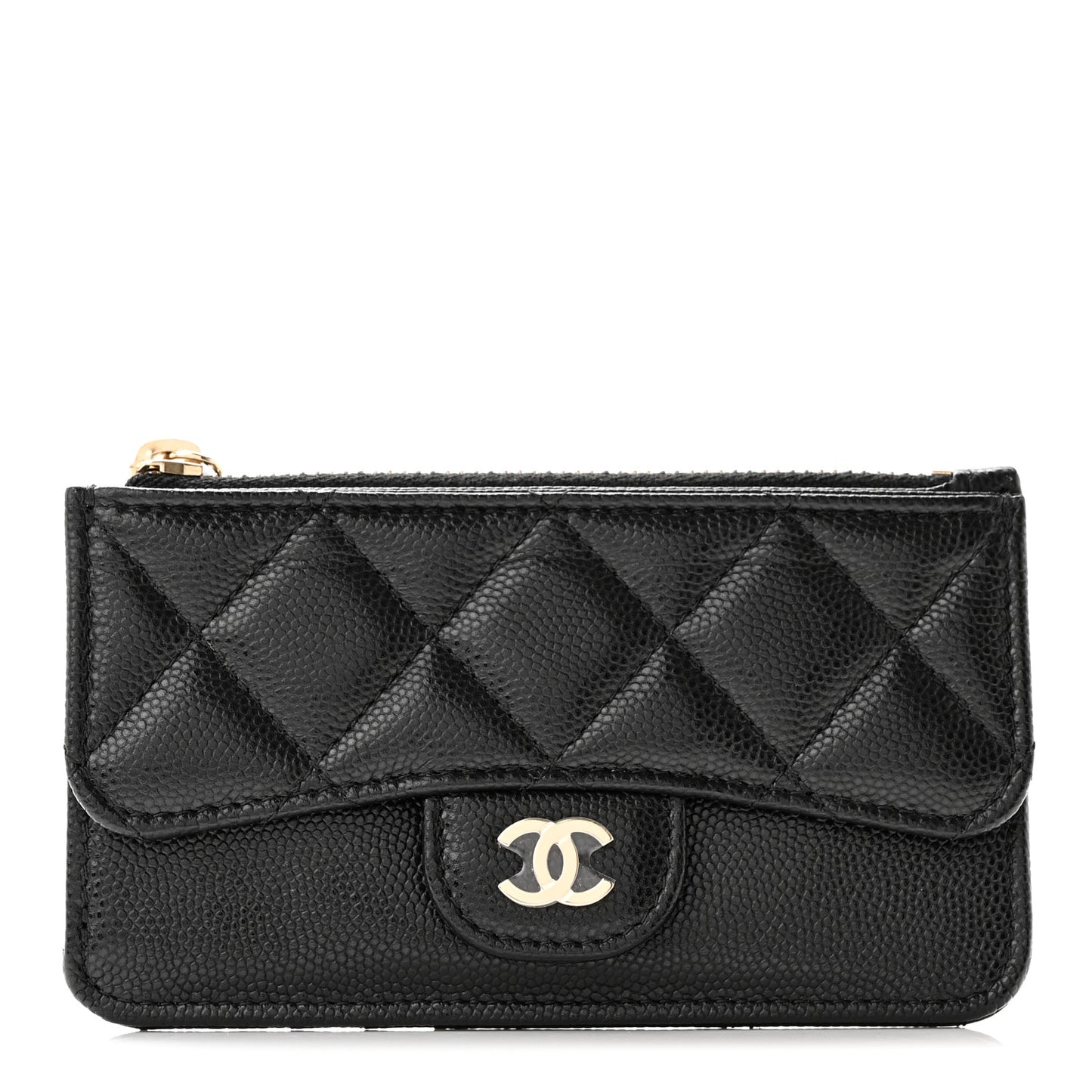 Caviar Quilted Flap Zip Card Holder Black