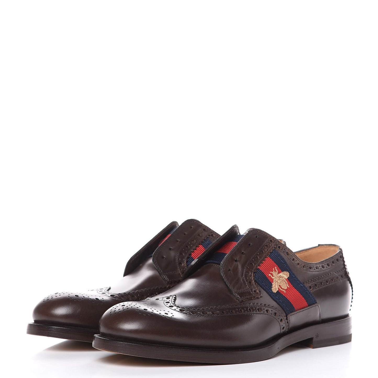 Calfskin Web Bee Embroidered Mens Slip-On Brogue Wingtip Derby Shoes 7.5 Cocoa