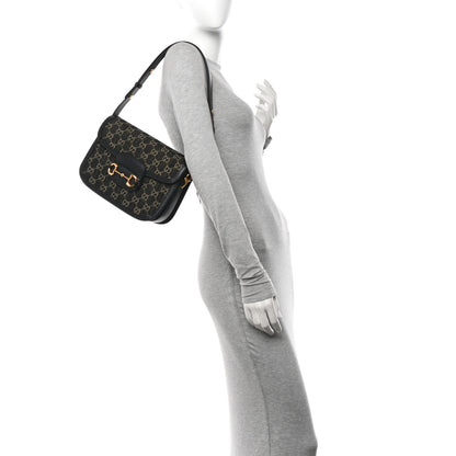 Gucci Jacquard Black Denim GG Monogram Textured Dollar Calfskin Horsebit 1955 Shoulder Bag Black Ivory 2 of 10