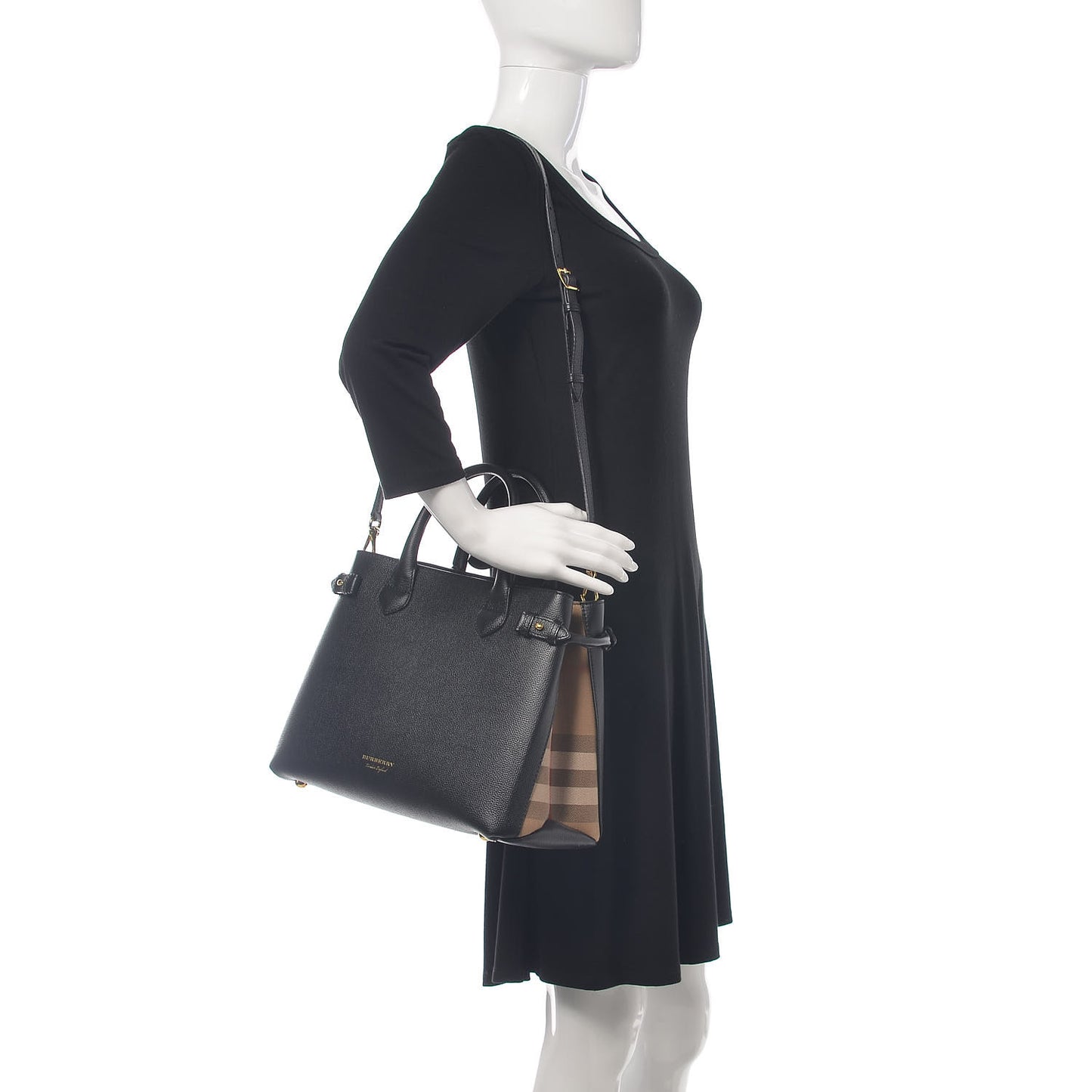 Grainy Calfskin House Check Medium Banner Tote Black