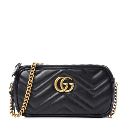Gucci Calfskin Matelasse Mini GG Marmont Chain Crossbody Bag Black 1 of 9