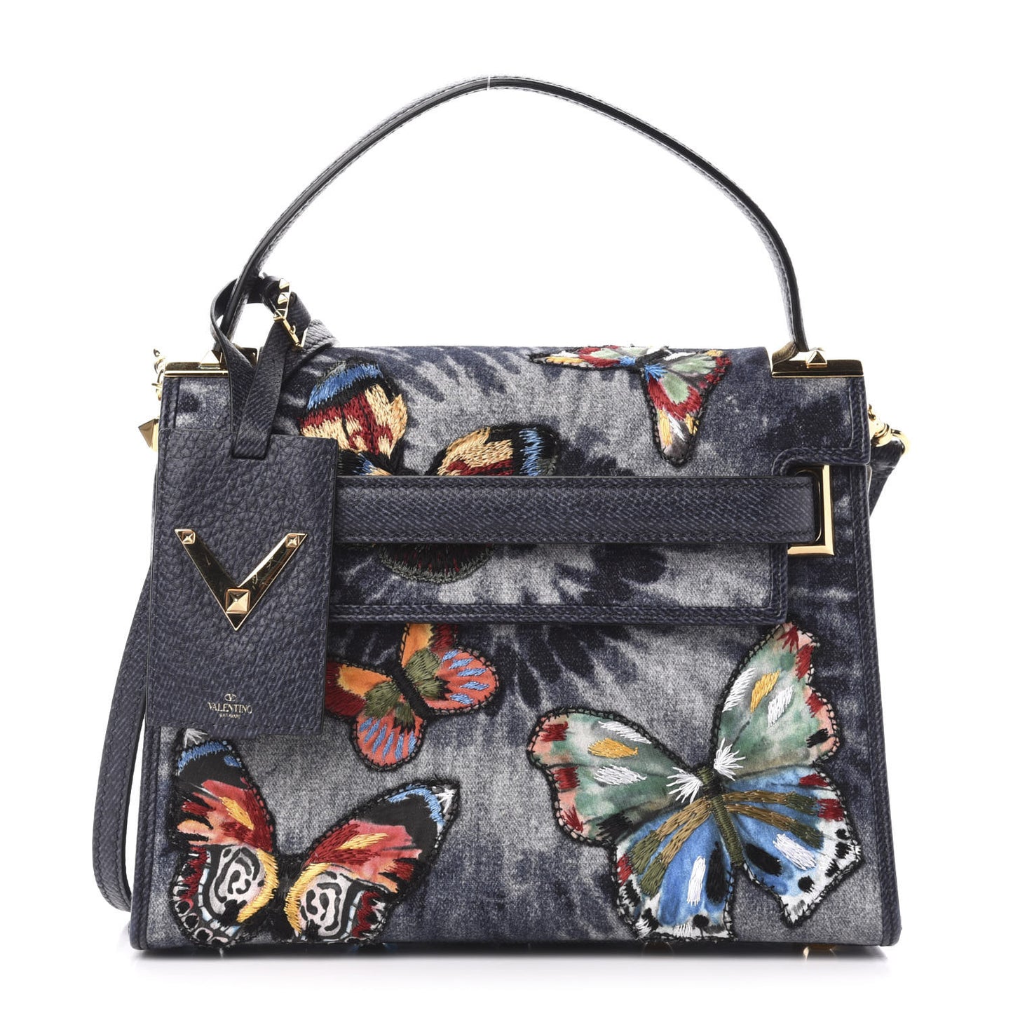 Denim Butterfly Embroidered Small My Rockstud Frame Bag Blue