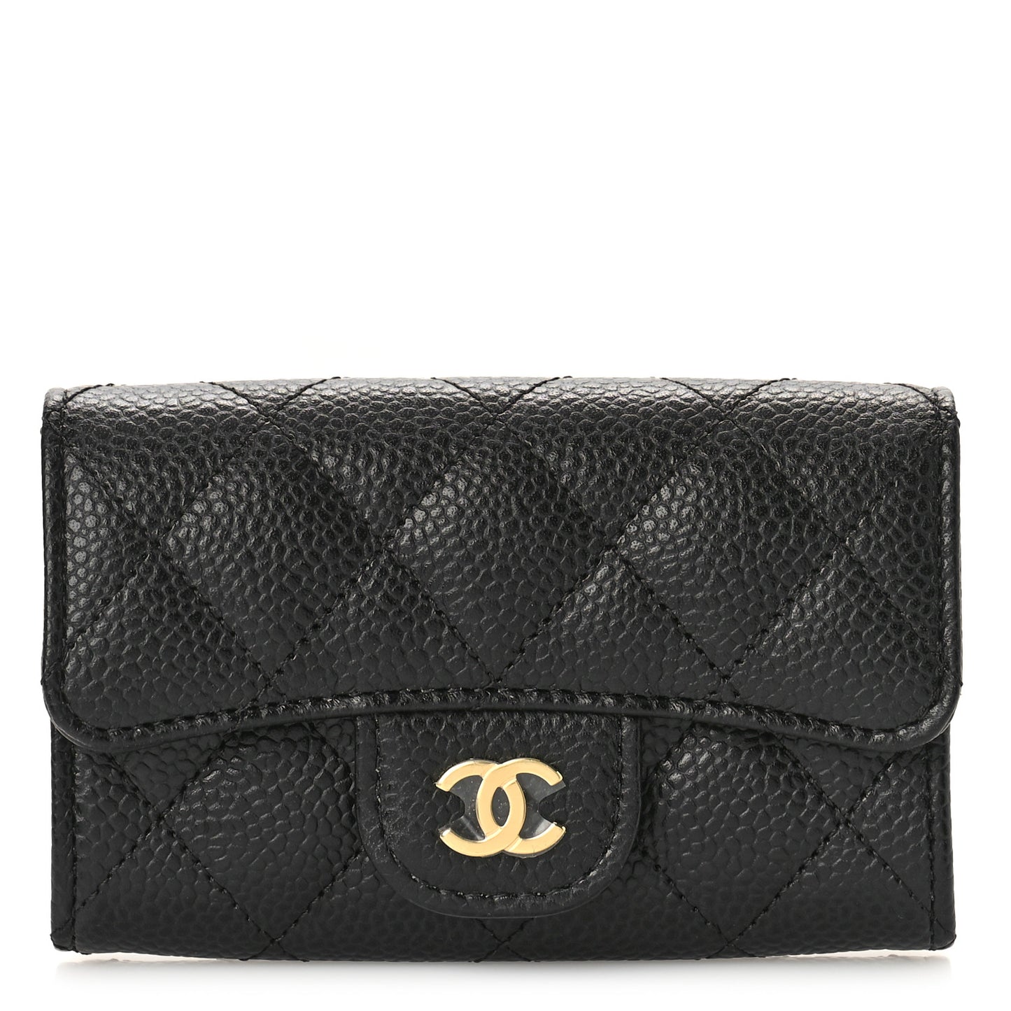 Caviar Quilted Flap Card Holder Wallet Black